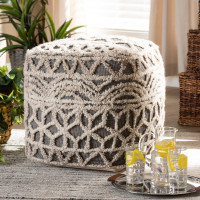 Baxton Studio Avery-Natural/Ivory-Pouf Avery Moroccan Inspired Beige and Brown Handwoven Cotton Pouf Ottoman